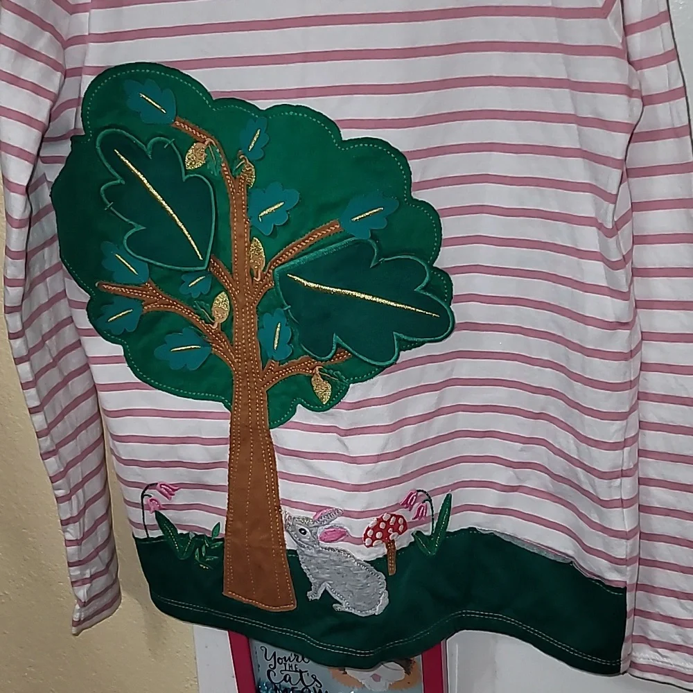 Mini Boden girls top size 11-12 tree bunny striped pullover cute embroidery - Picture 2 of 6
